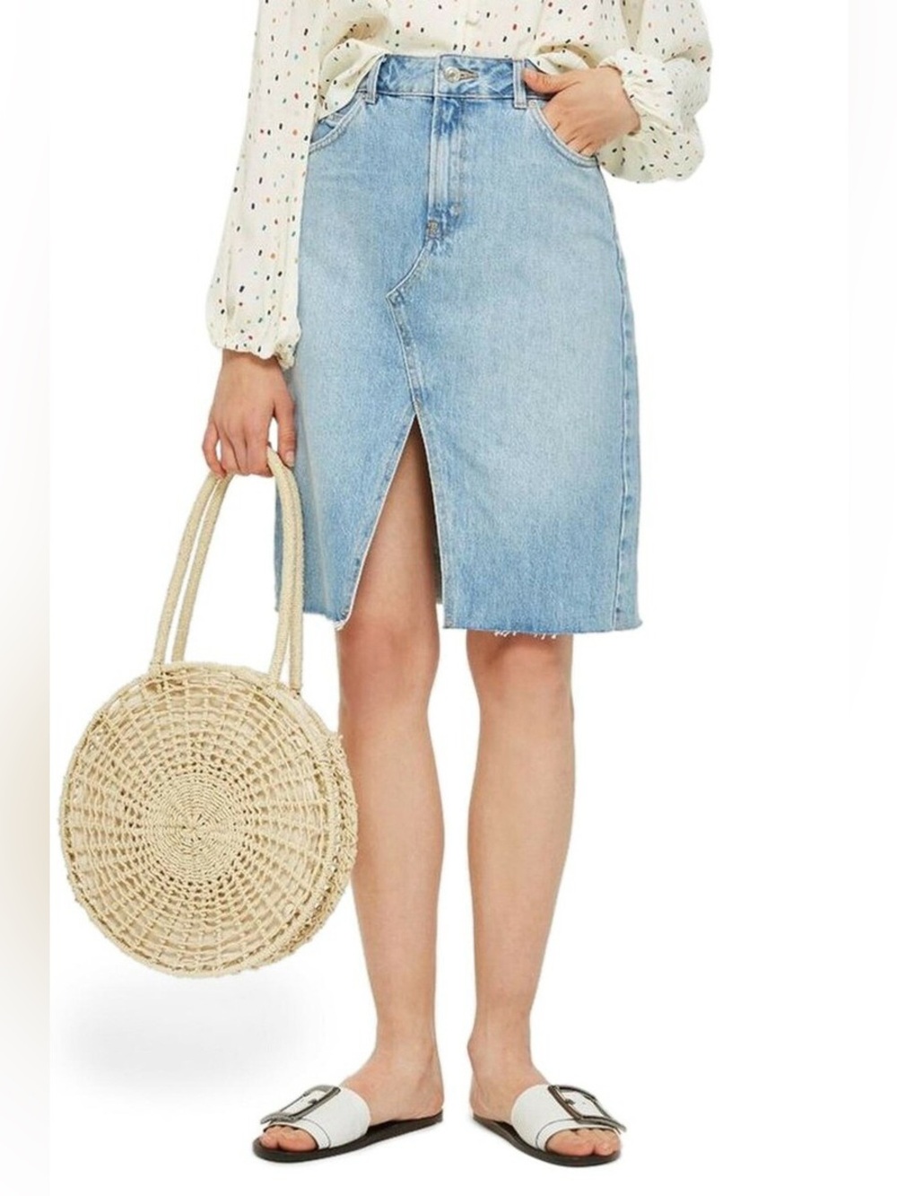 Topshop MOTO Light Wash Denim Midi Skirt Front Slit Size US 10